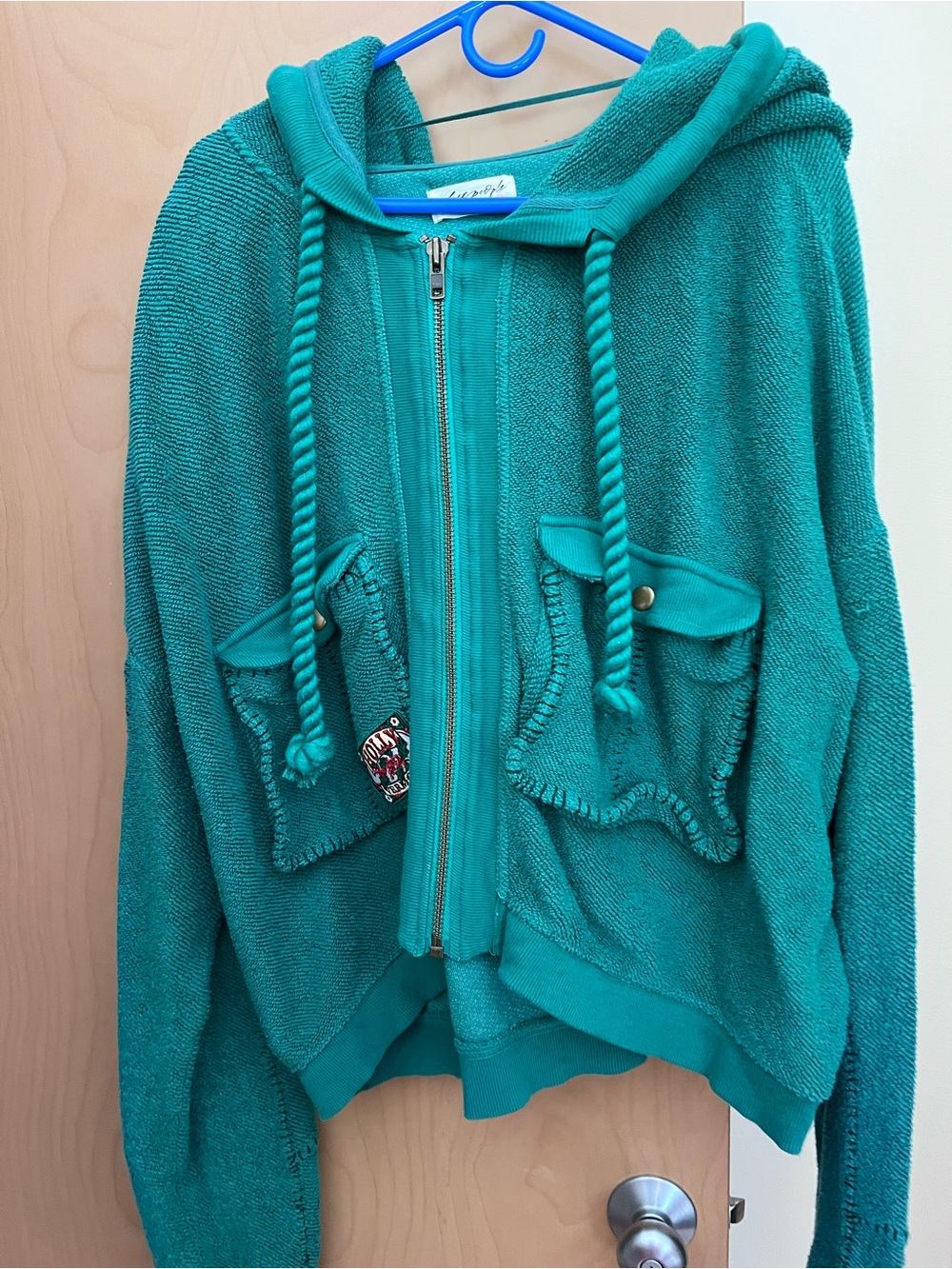 Free People Emerald Green Hooded Zip Terry Jacket with Rope Drawstrings
